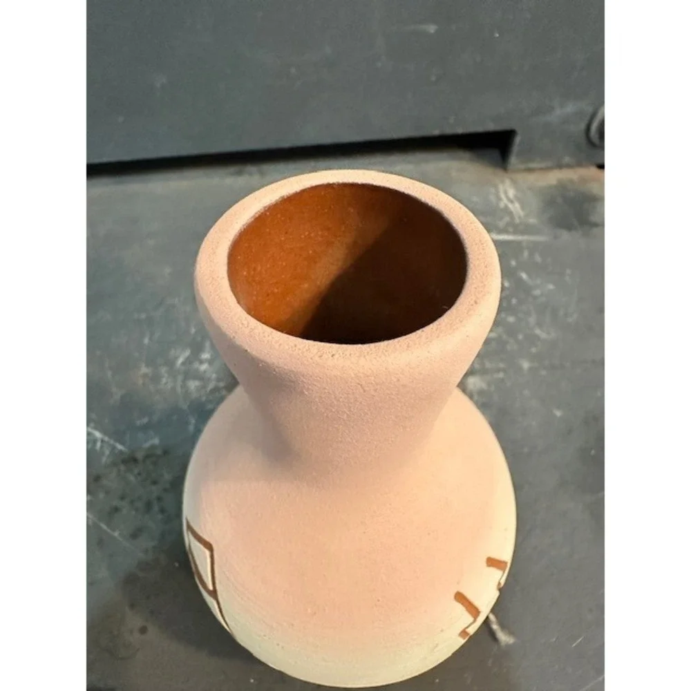 Sun Fox Southwestern Pottery Bud Vase Hand Etched Pink Yellow Geometric 4.5 Inch